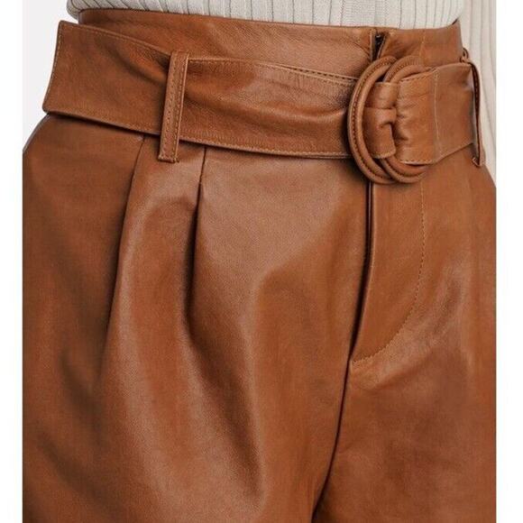 Frame Lambs Leather Pleated Front Belted Paperbag Shorts In Camel Size 28 - Picture 5 of 14
